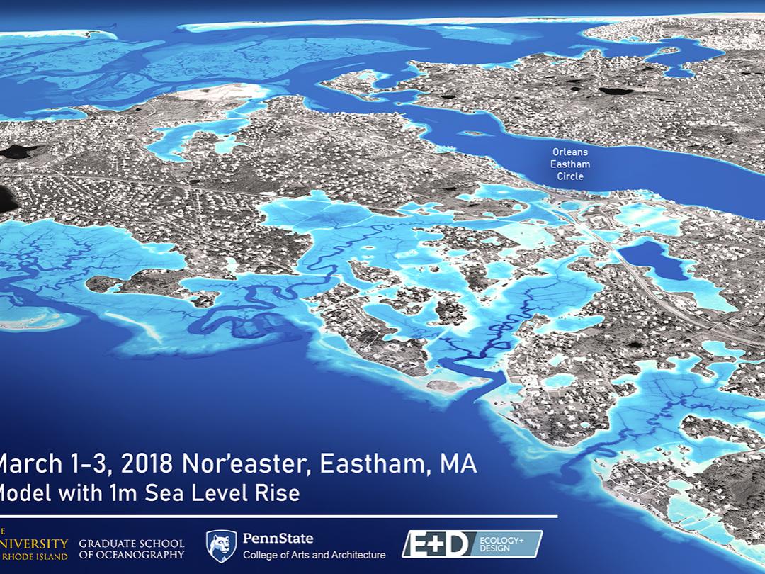 Realistic 3D visualization for Eastham, Mass. along the Cape Cod National Seashore using Advanced Circulation (ADCIRC) modeling results of the March 2018 Nor'easter with 1.0 m sea level rise.
