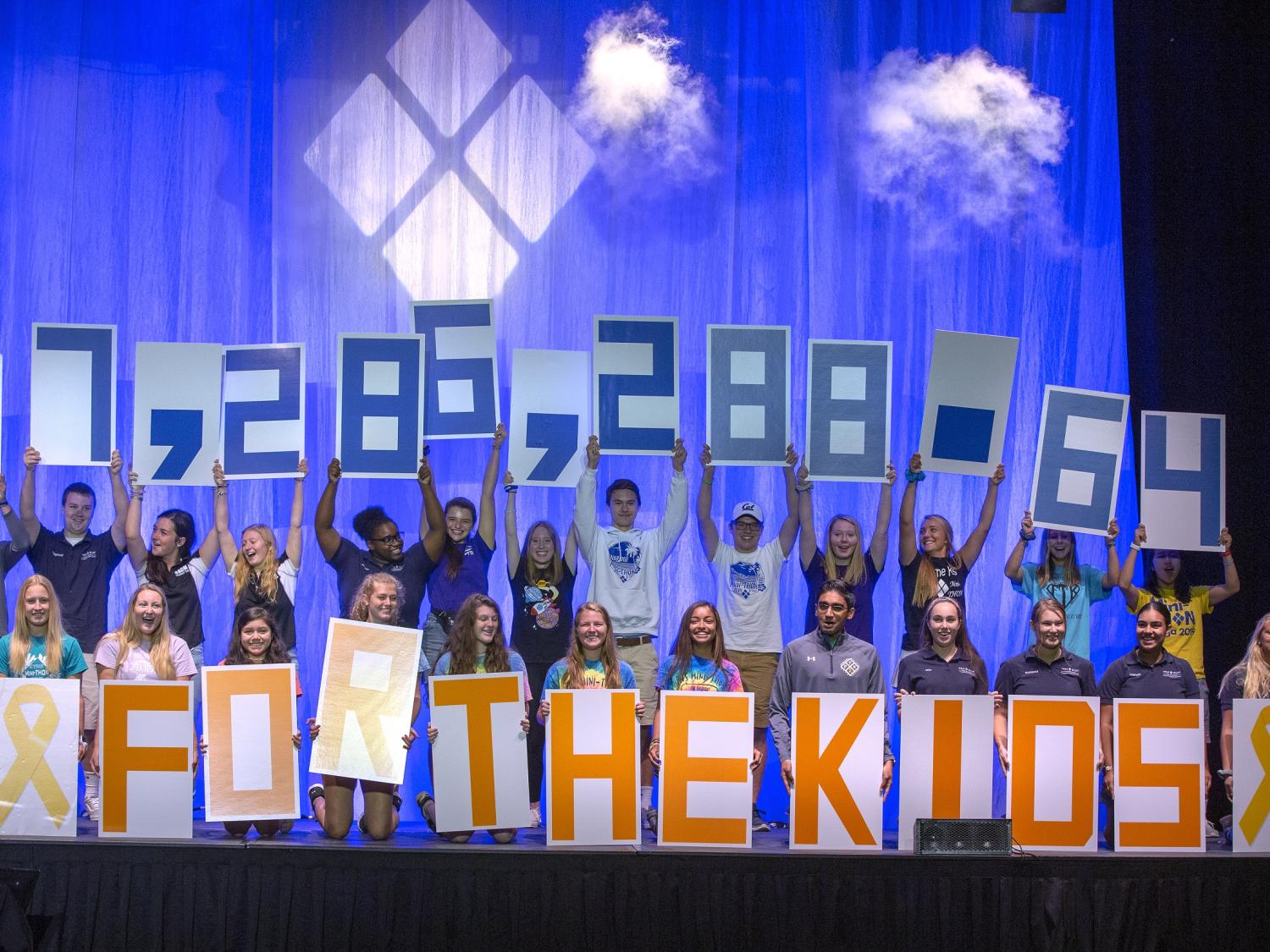 Kids hold up poster boards with numbers on them