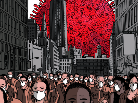 drawing of huge COVID virus in a city