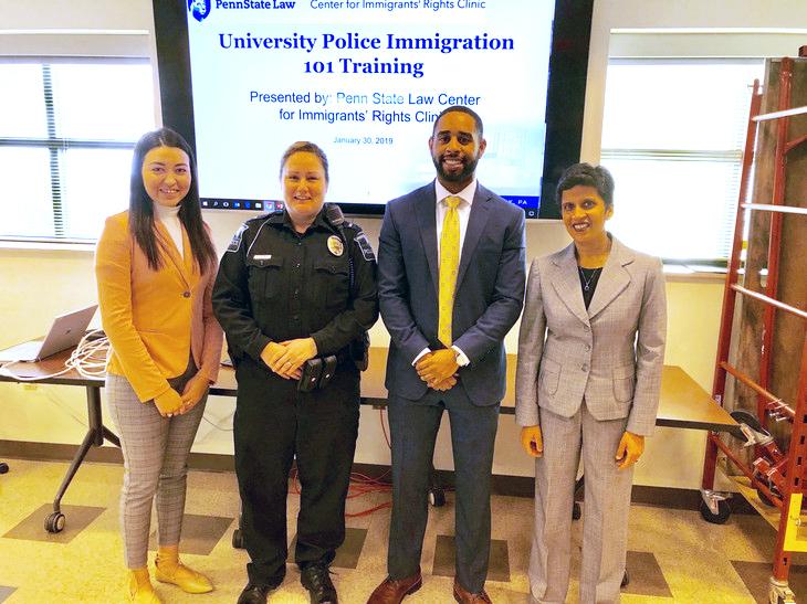 From left to right: Center for Immigrants' Rights Clinic student Berenice Beltran-Maldonado, Lt. Stephanie Delaney, clinic student William Hobson, and Professor Shoba Sivaprasad Wadhia.