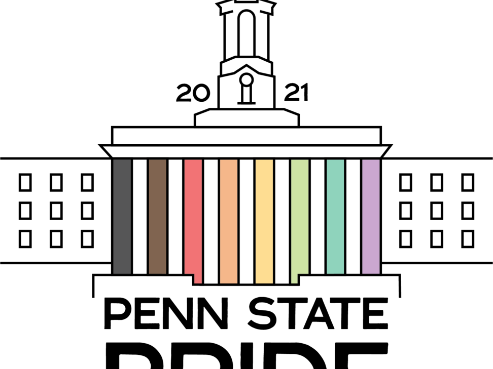 graphic of old main with 2021 Penn State Pride on it and rainbow-colored pillars