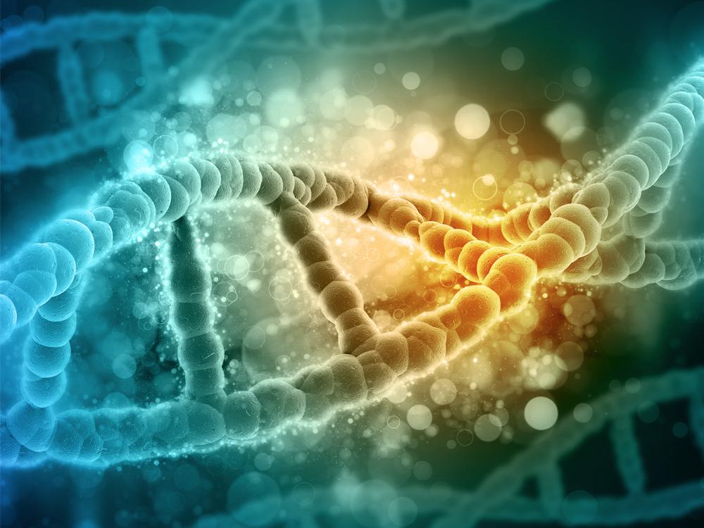 A microscopic depiction of a DNA strand, with blue, green and yellow shades throughout. Additional strands are in the background.