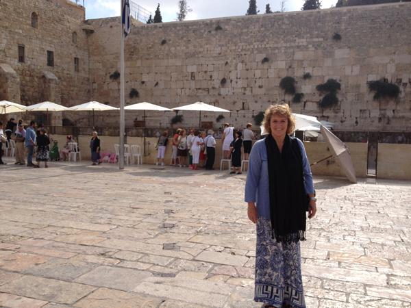 Carleen Maitland outside Western Wall at Temple Mount in Jerusalem