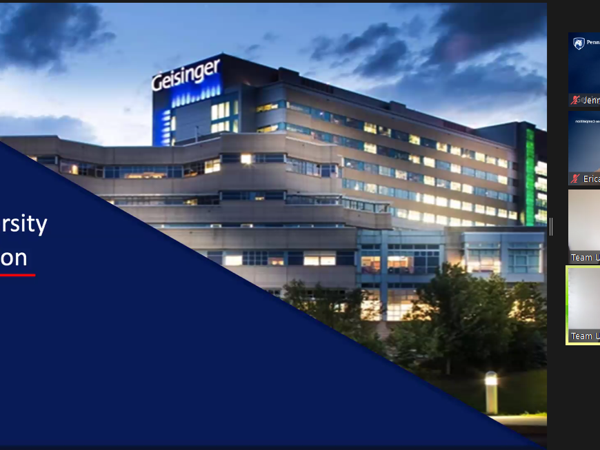 Split screen of Zoom presentation on left with text that says Penn State University Case Competition and outside shot of Geisigner building, with students on Zoom presenting on right.