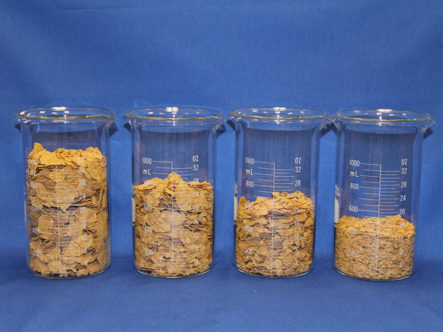 crushed cereal in beakers