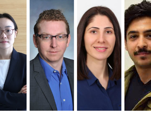 Four pane image, with Hee Jeung Oh standing with arms crossed in black jacket and glasses, head and shoulders image of Bryan D. Vogt with glasses, head and shoulders image of Ezgi Toraman, and head and shoulders image of Amir Sheikhi