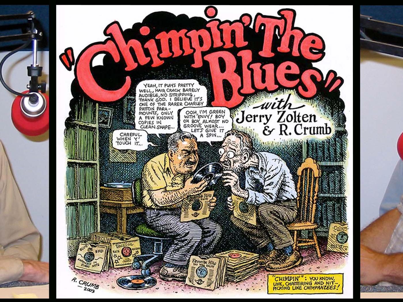 A composite photo of R. Crumb, Jerry Zolten and the cover for their radio program