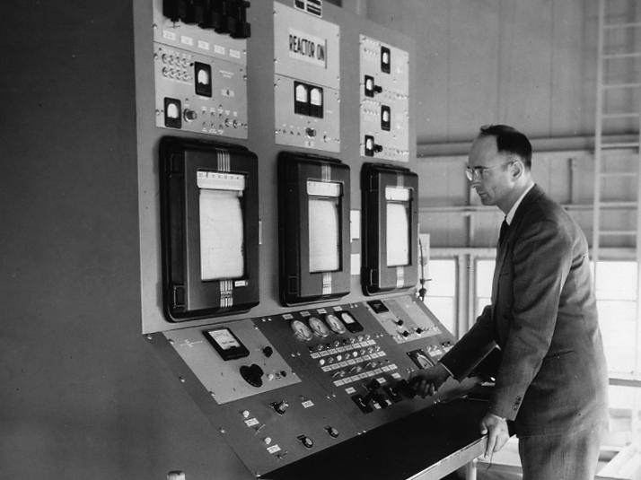 Cochran at console, Penn State's Nuclear Reactor, pre-1965