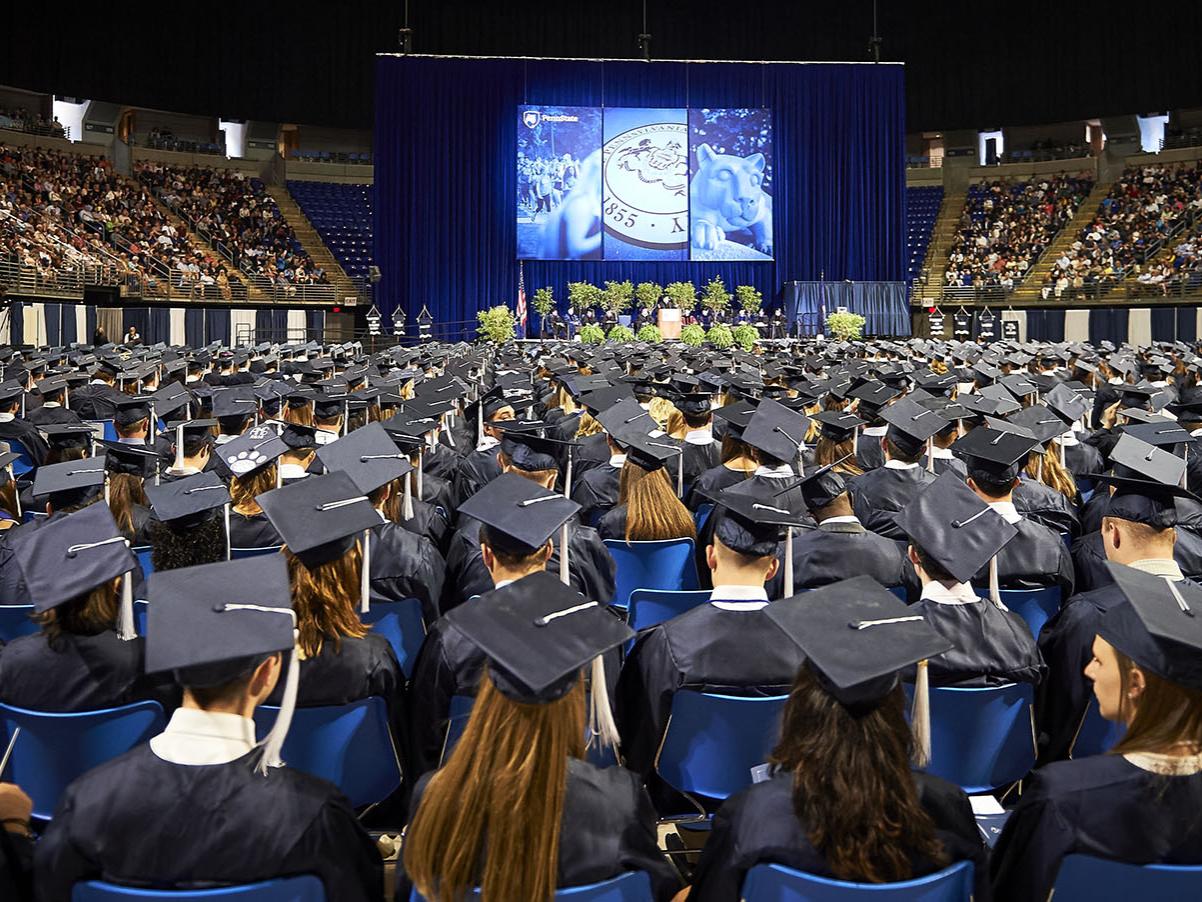 A photo of Smeal commencement in the Bryce Jordan Center.