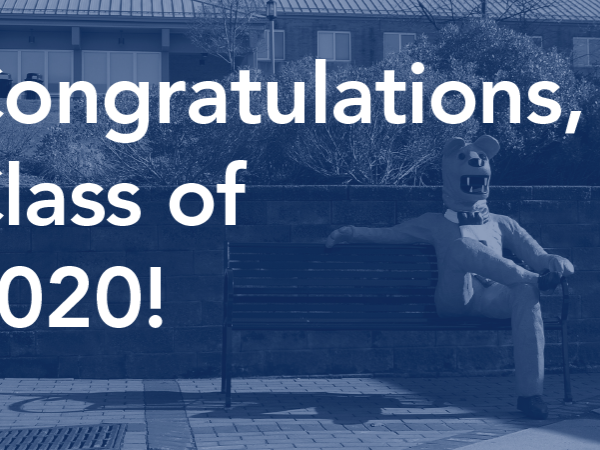 The words "Congratulations, Class of 2020!" appear over an image of the Penn State Behrend lion bench.