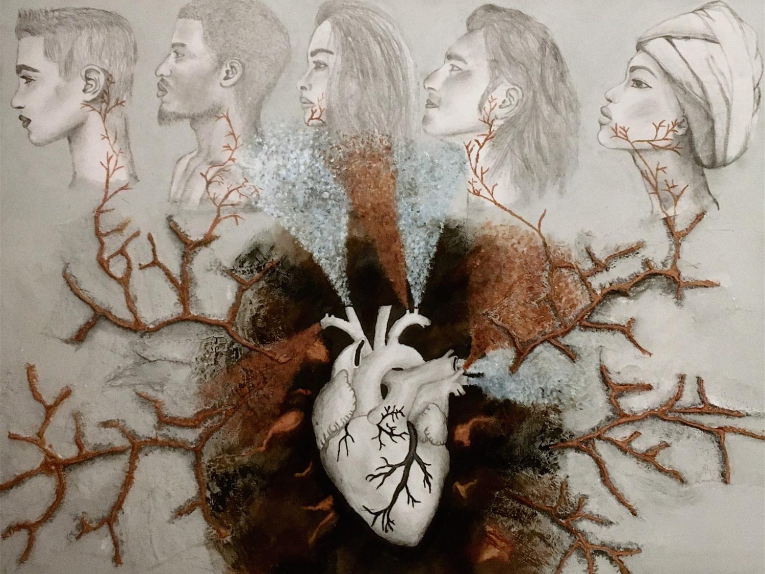 A painting of a heart with its blood vessels connecting four different people