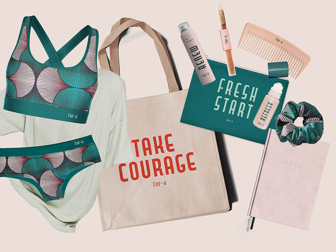 Items in a Cor-a care package including a swimsuit, a carrying bag, a hair scrunchie, a toiletry bag, and more.