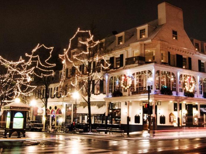 Holiday lights glow around the Corner Room