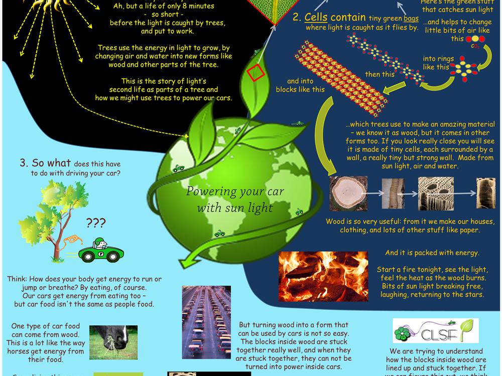 Three-part poster, using words and pictures, explaining process of getting biofuels from plants