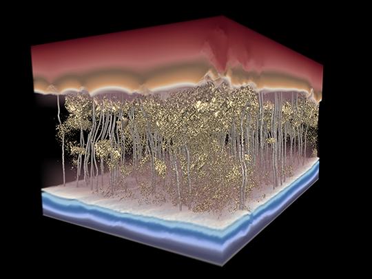 A microscopic view of a filtration membrane. Dense pockets of gold-colored particles are sandwiched between a red and blue layer.