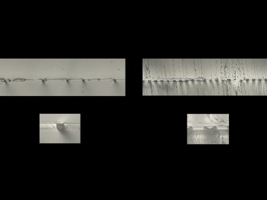 Four grey boxes are on a black background. The left shows tiny cracks, while the right has little wrinkles. 