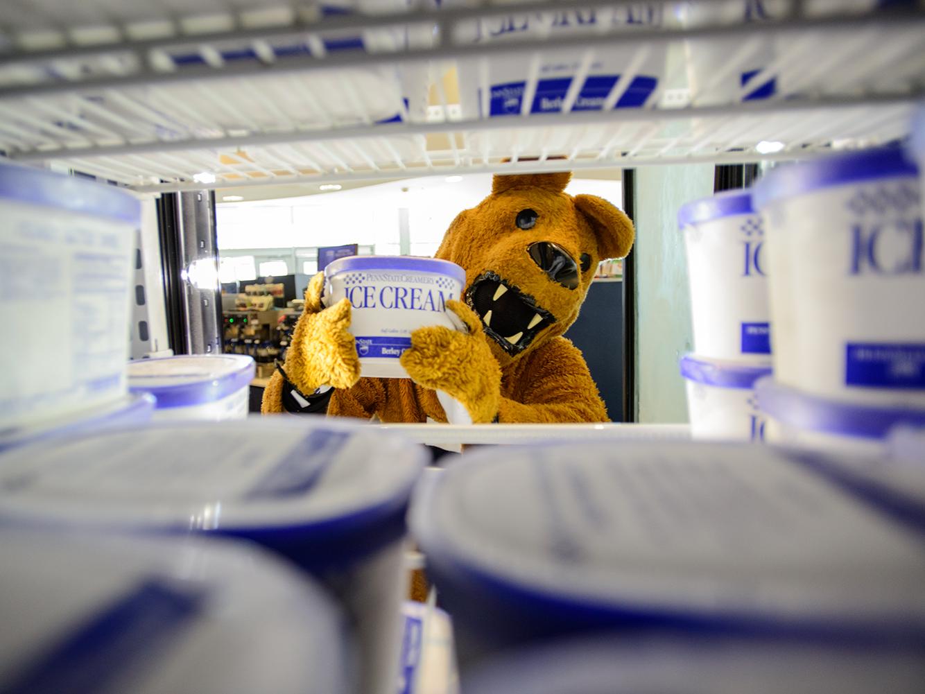 The Nittany Lion loads ice cream into a freezer