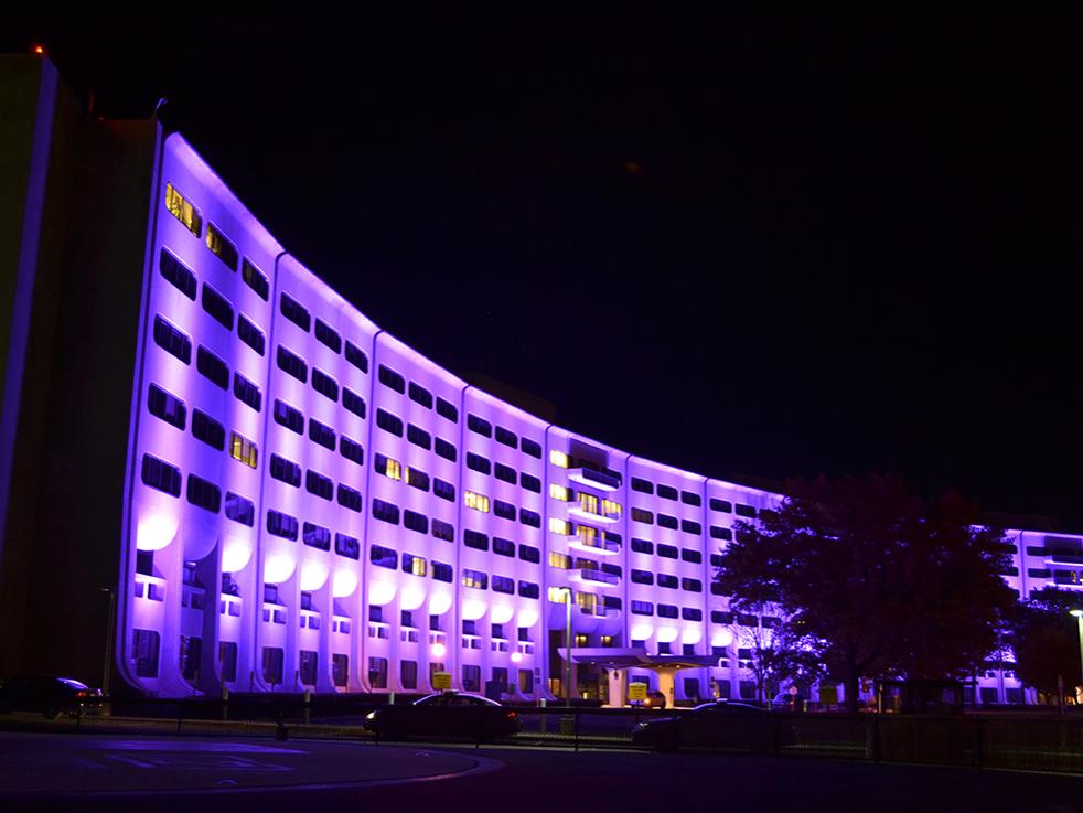 Hershey Medical Center with purple lights