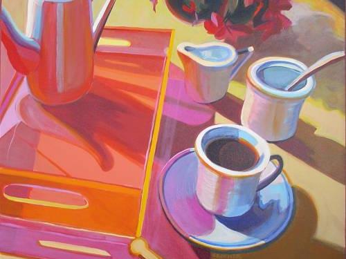A painting by Jan Crooker called "Coffee Cups"