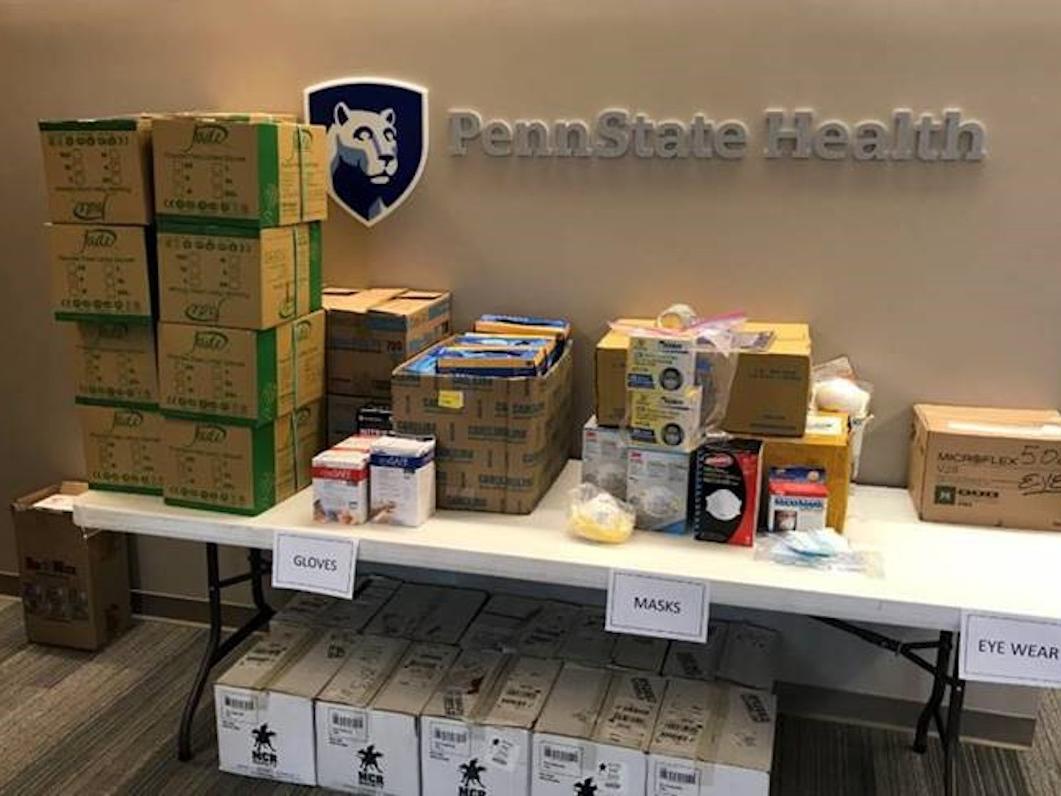 Image shows a table with donations of medical supplies