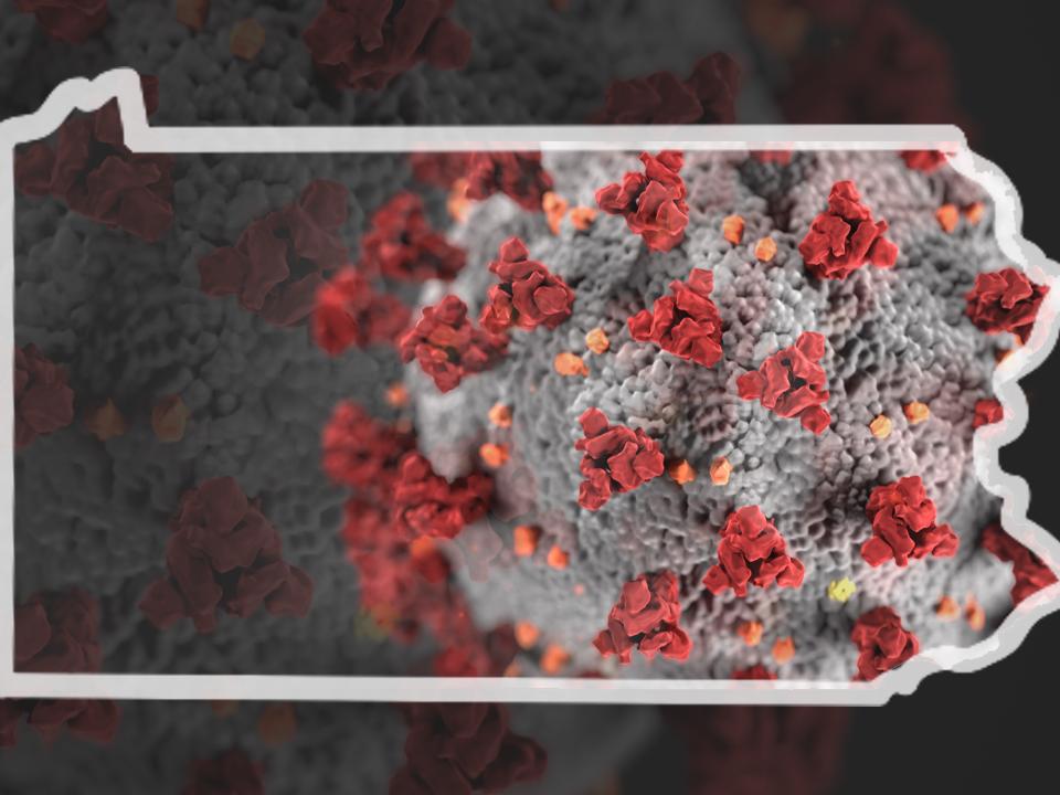 Outline of Pennsylvania over image of coronavirus image