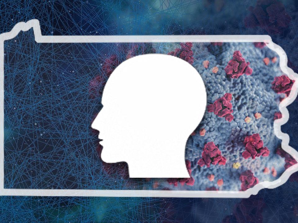 graphic of head silhouette over Pennsylvania map and coronavirus