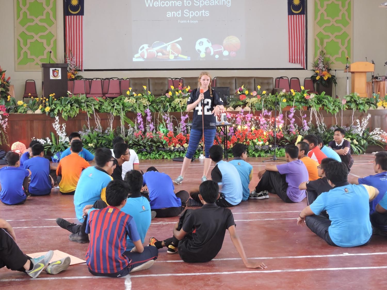 Penn State alumna Marcy Herr hosts a sports themed English program for her 16-year-old male students in Perlis, Malaysia. Herr is finishing up a 10-month Fulbright teaching assistant in the country.