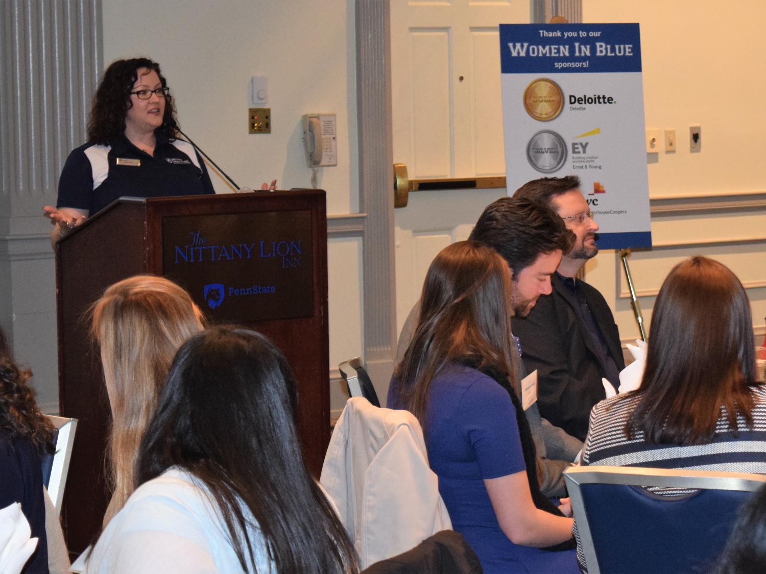 Angela Miller, director of recruiting for the College of Information Sciences and Technology, addresses prospective students on April 8.