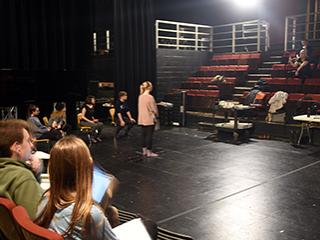 Students at Pavilion Theatre with Barbara Pitts McAdams during January 2019 Rehearsal of #HereToo at Penn State