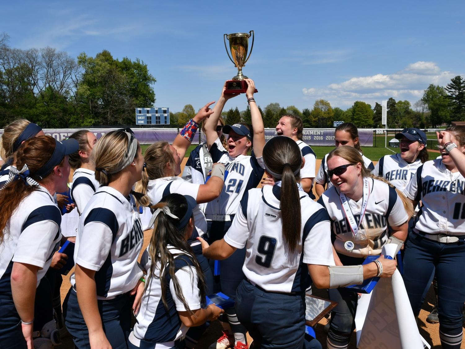 The Penn State Behrend softball team celebrates its ninth AMCC championship.