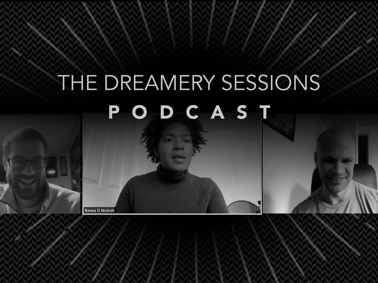 Head shots, from left to right, of Zach Lonsinger, Renea Nichols, and Ray Schmitt, co-hosts of The Dreamery Sessions podcast