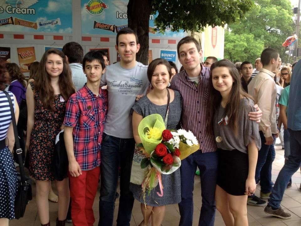 Penn State alumna and 2013-14 Fulbright English Teaching Assistant Dana Ray poses with some of her Bulgarian students.