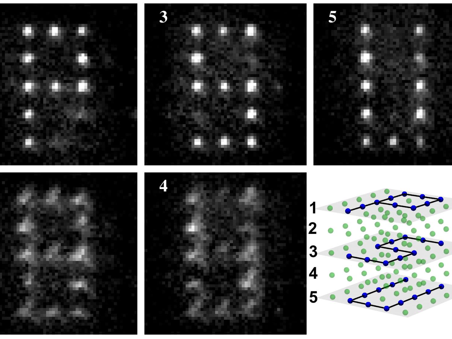 Ball-shaped white dots on a black background in three separate rectangles forming the letters P, S, and U -- plus less-visible fuzzy patches not forming any letter on two more black panels 
