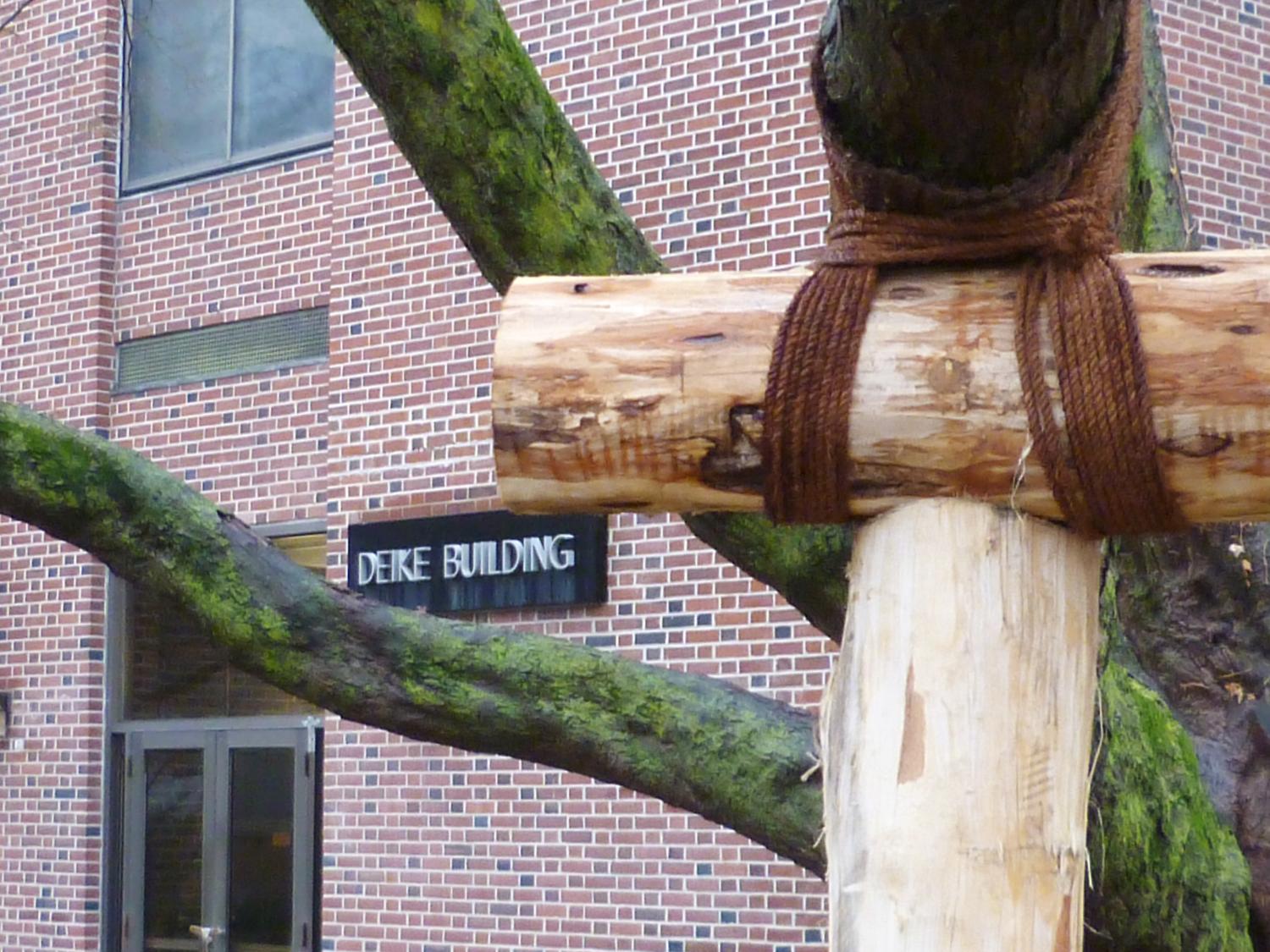 T-shaped tree crutch supporting limb of Maple tree in front of Penn State's Deike Building