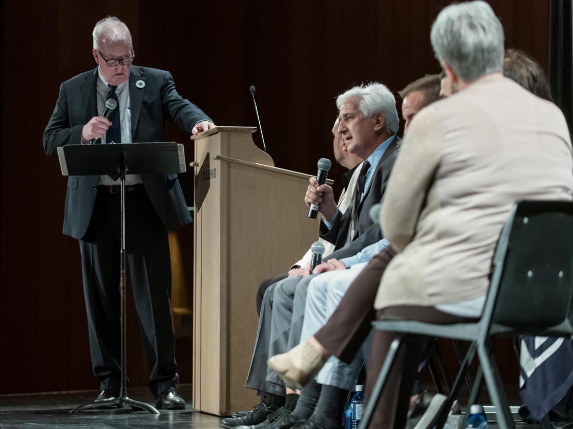 Dickinson Law Professor Dermot Groome moderates panel during “Genocide, Justice, and Hope: How 400 Bosnian Families Became Neighbors in Our Central Pennsylvania Community”