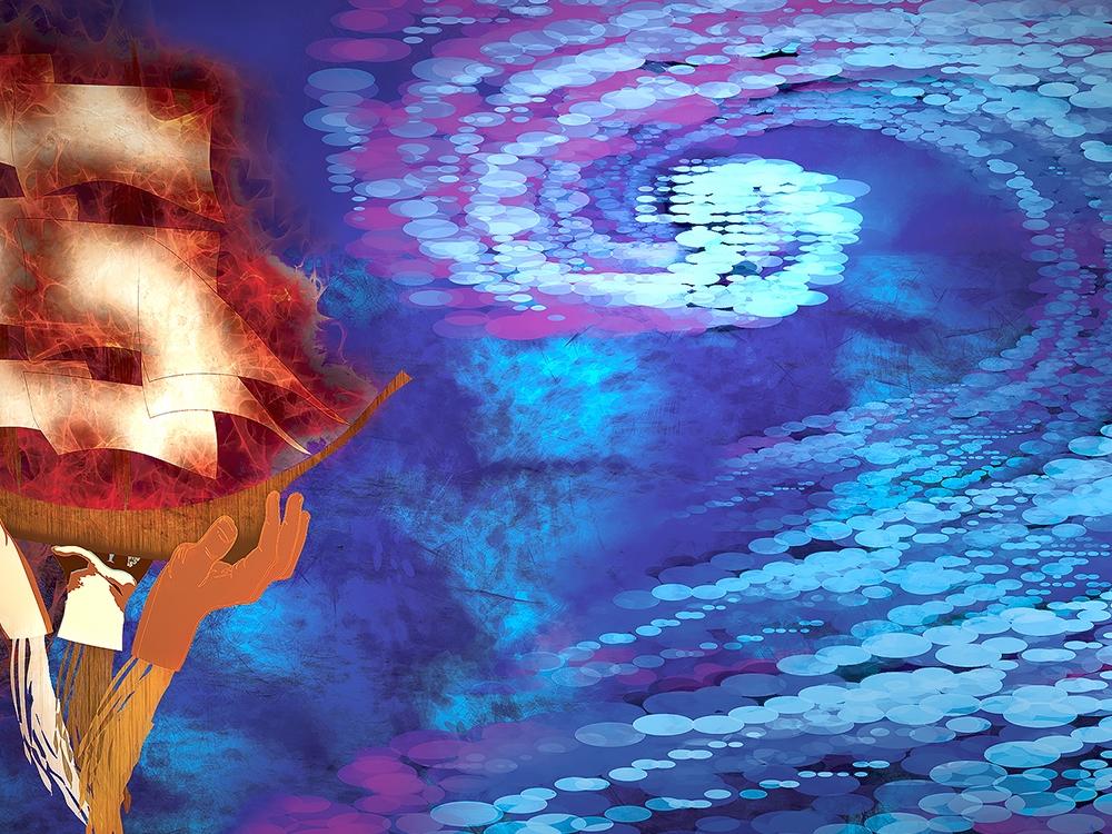 A digital painting of a ship next to a large wave.