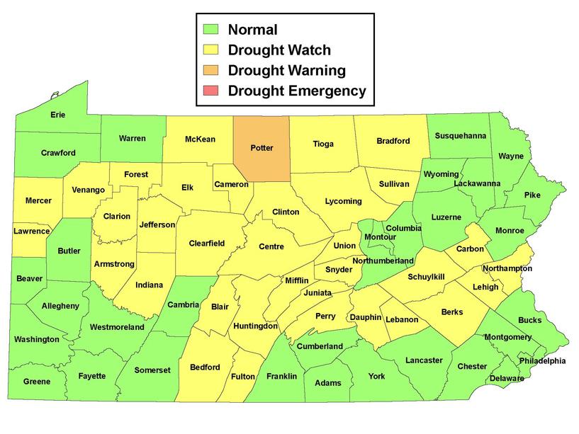 Map of counties under drought watch and warning