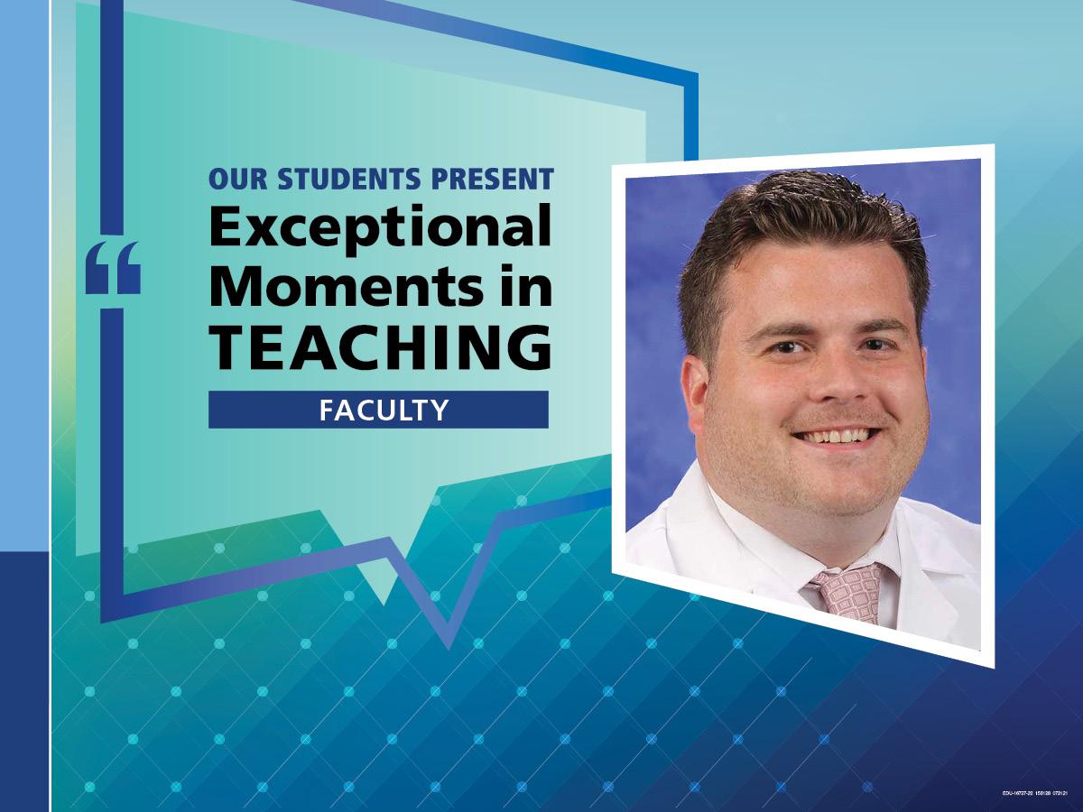 An Illustration shows Dr. Charles Mormando’s mugshot on a background with the words “OUR STUDENTS PRESENT Exceptional Moments in Teaching faculty.”