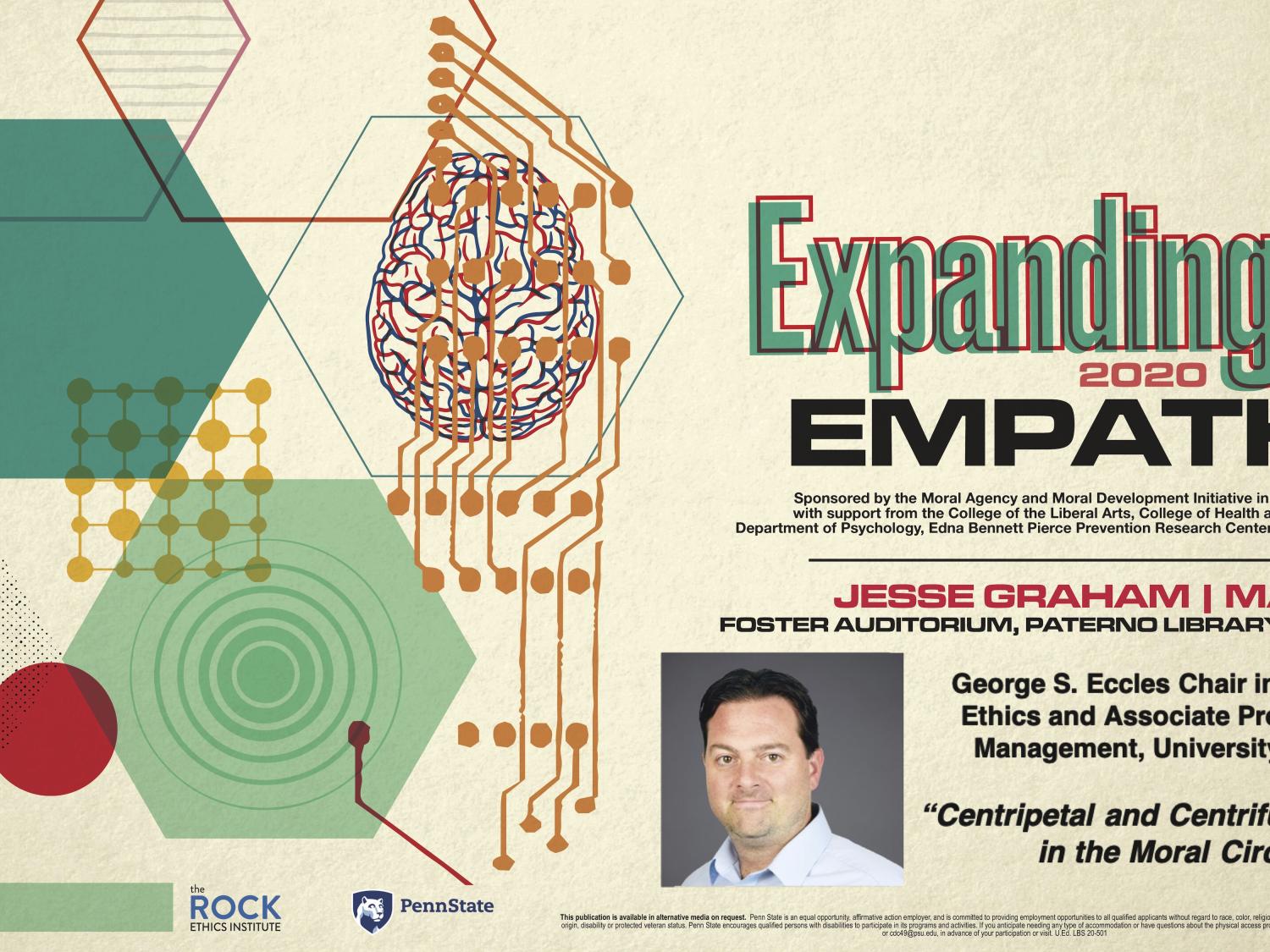 Graphic including an drawing of a human brain and the concentric circles of the "moral circle," and a photograph of Jesse Graham of the University of Utah.
