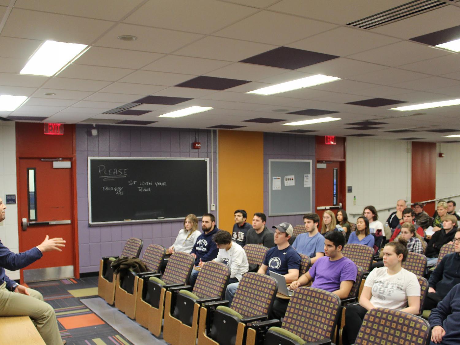 Head Football Coach James Franklin speaks with engineering leadership development students. 