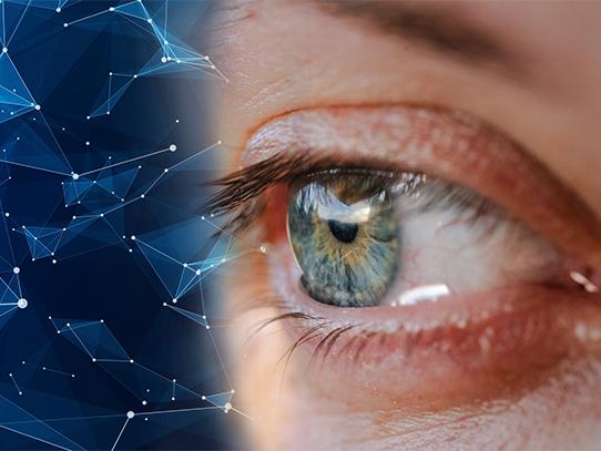 A close-up depiction of an eye with abstract data surrounding it. 