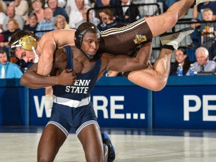 Penn State's Ed Ruth holds a Lehigh wrestler over his back.