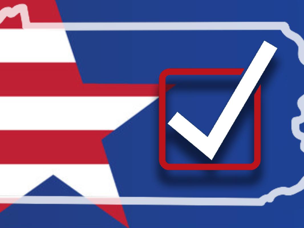 graphic of red, white and blue star, outline of Pennsylvania state and checkmark