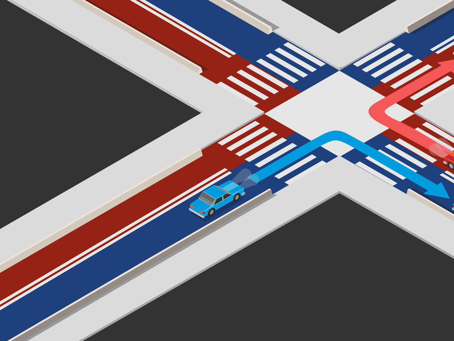 red and blue roads with matching red and blue cars indicate paths of electrons
