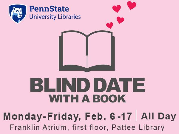 icon of a book with valentine-shaped hearts fluttering to the right to promote the Blind Date with a Book event