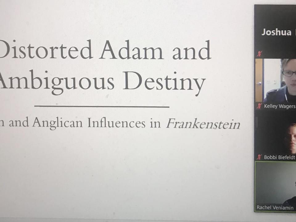 screen shot of virtual presentation. Document on display reads: "Distorted Adam and Ambiguous Destiny. Calvin and Anglican Influences in Frankenstein"