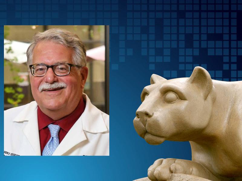 An image of Dr. Dennis Gingrich appears next to an image of a statue of the Penn State Nittany Lion.