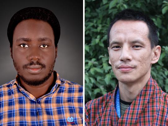 An image compilation shows an incoming international student in a blue-and-yellow plaid shirt and an incoming international student in an orange-and-blue plaid shirt both posing for headshots.