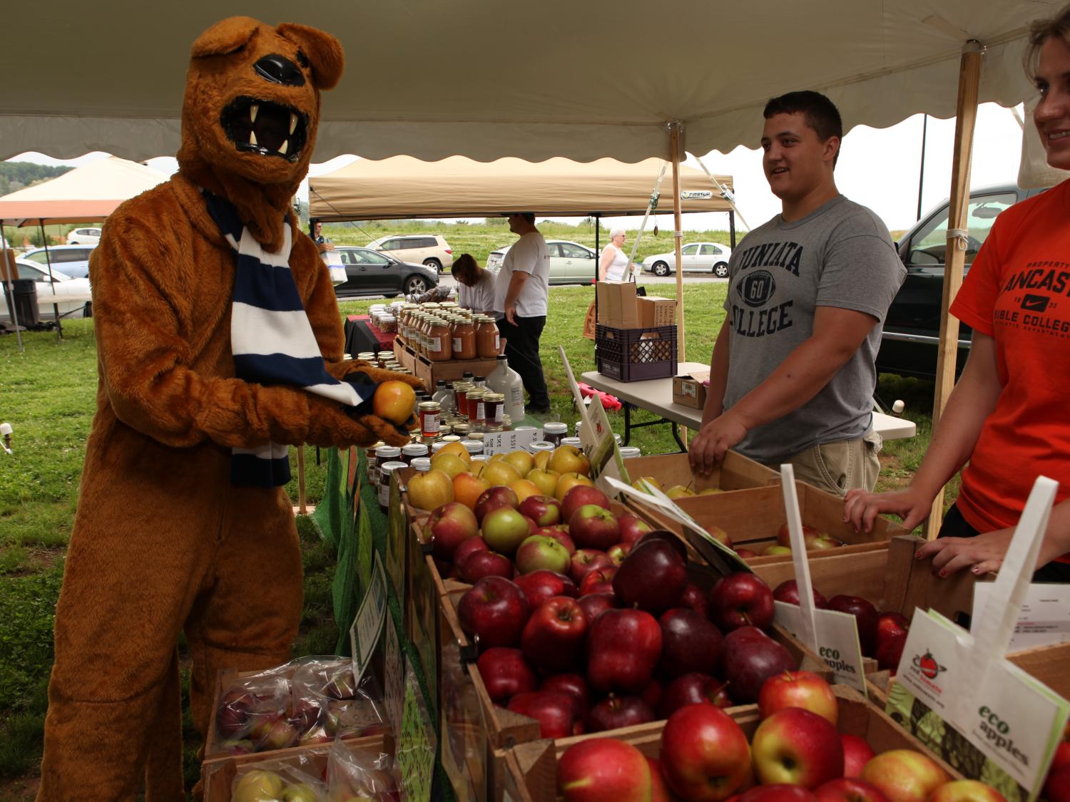 Nittany Lion at produce stand in farmers market