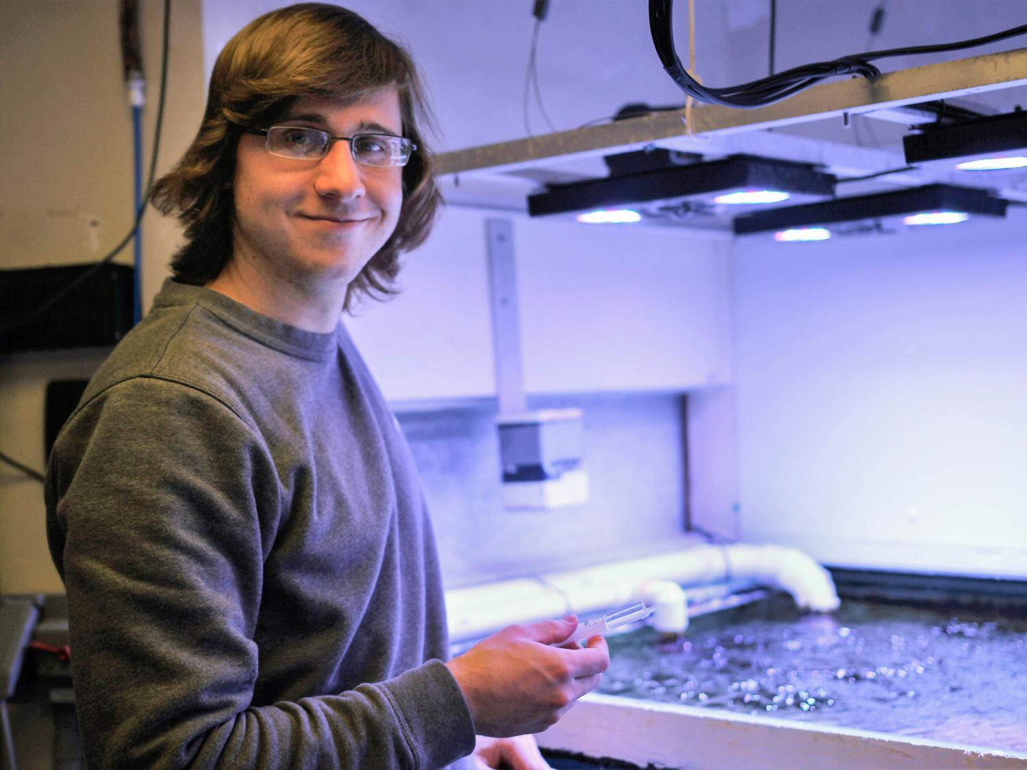Brendan Farren behind-the-scenes at the HUB aquarium. 